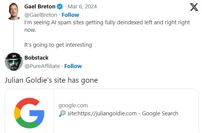 Gael Breton and Bobstack on X March 2024 core update.png